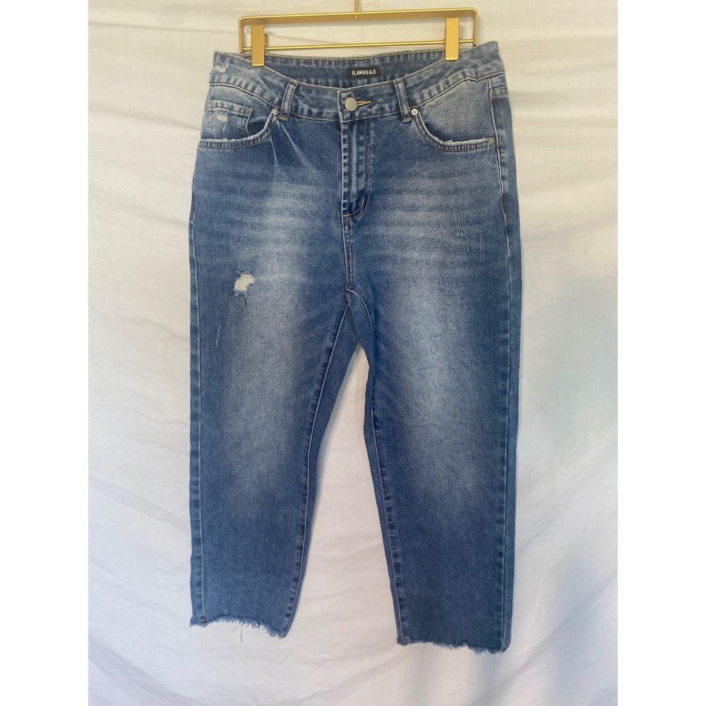 Flamingals Medium Wash Distressed Jeans Women Size Medium Frayed He‎